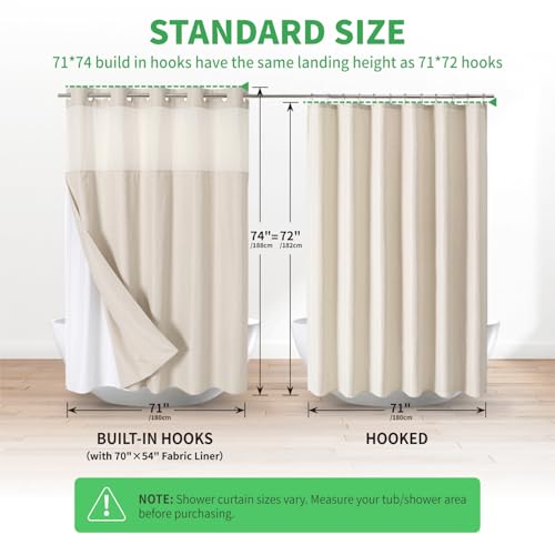 eachope Boho Farmhouse No Hook Shower Curtain Set with Snap-in Fabric Liner,Heavy-Duty Linen Textured Rustic Striped Design,Water-Repellent with Tassels and Sheer Window,Cream/Beige,71x74 - color: Cream, size: 71"W x 74"L (Pack of 1)