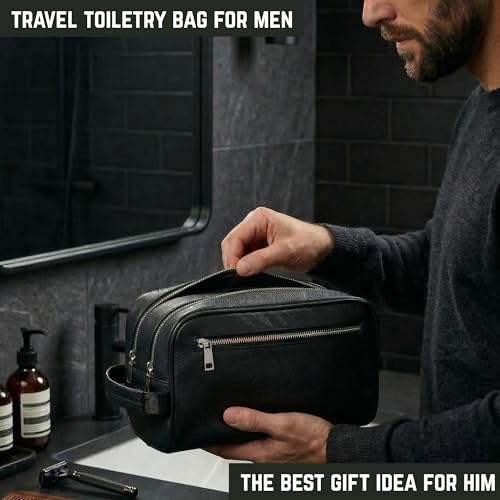 Toiletry Bag For Men Large, Premium PU Leather Travel Kit, Metal Zippers & Bottom Studs, Velvet Dust Bag & Shape-Retention Packaging – Gift Ready For Groomsmen, Anniversary, Birthday Gifts/ BLACK - color: BLACK