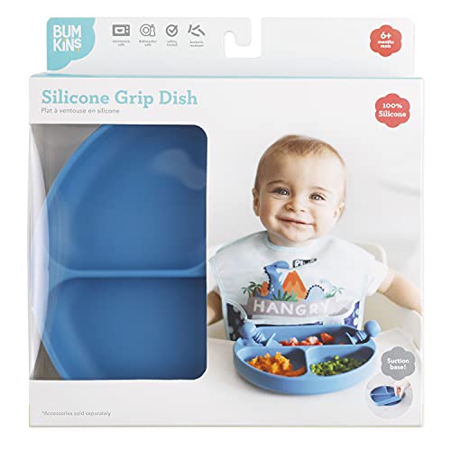 Bumkins Toddler and Baby Suction Plate, Divided Grip Dish for Babies and Kids, Baby Led Weaning, Feeding Supplies, Sticks to Tables and Highchairs, Platinum Silicone, for Children 6 Months, Dark Blue - color: D2 Dark Blue-GD