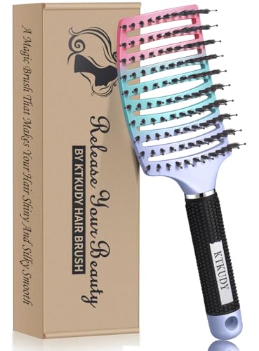 KTKUDY Detangling Brush Boar Bristles Hairbrush Make Hair Shiny & Healthier Curved and Vented Detangler Brush for Women Men Kids Wet & Dry Hair - color: Purple-Green-Pink Gradient