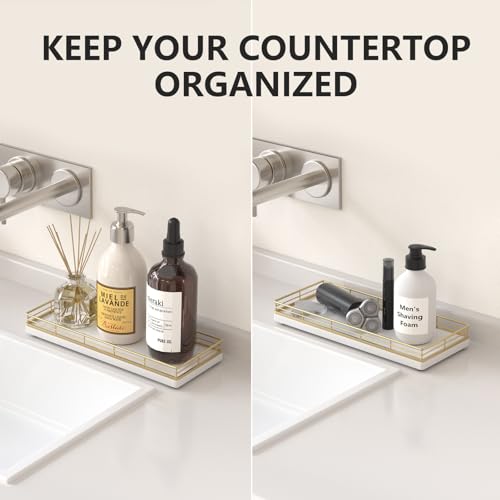 Bathroom Tray for Counter Top Organizer, Oak Wood Vanity Tray | Metal Frame for Dresser, Kitchen & Nightstand, Gold & White Decorative Storage - color: Gold & White, size: 11" x 4.5" x 1.5"
