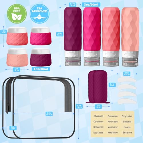 16Pack Travel Bottles for Toiletries, TSA Approved Travel Size Toiletries Containers Set, Silicone Leak Proof Refillable Bottles Elastic Sleeves Creams Jars Accessories Kit W/Clear Bag (Purplish Red) - color: Purplish Red