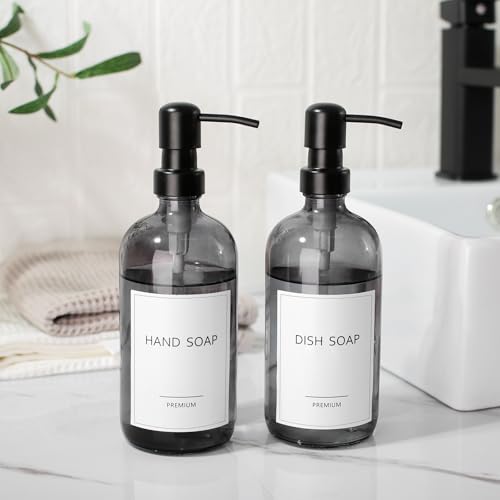 GMISUN Black Soap Dispenser, 2 Pack Hand Soap Dispensers for Bathroom, 17 Fl Oz Dish Soap Dispenser for Kitchen with Stainless Steel Pump, Modern Liquid Soap Bottle Set - color: Clear Black Bottle + Black Pump