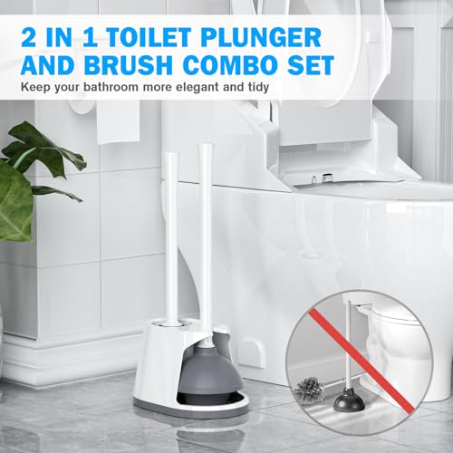 Toilet Plunger and Brush Set, Silicone Bowl Brush and Heavy Duty Toilet Plunger with Ventilated Holder, 2-in-1 Toilet Brush and Plunger Combo for 5.3-inch Toilet Drain Bathroom Deeply Cleaning - color: White & Grey01