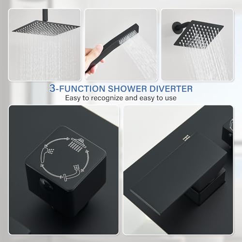 Shower Faucet Matte Black Shower System with 12" Celing+6" Wall Dual Rain Shower Head with Handheld Spray,Bathroom Luxury Brass Shower Valve with Shower Diverter Kit Shower Faucet Set Complete - color: Matte Black, size: Matte Black-12+6"