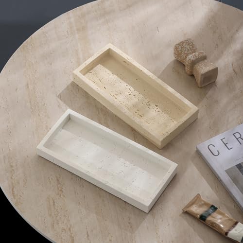 Jewelry Tray Bathtub, Travertine Stone Look, Off White, Small | Decorative Perfume Tray, Marble Vanity Organizer Plate, for Ring Soap Towel Small Things on Kitchen Sink Bathroom Countertop