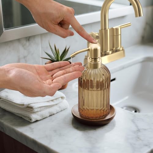 16 OZ Amber Glass Soap Dispenser, Amber Stripe Bathroom Hand Soap Dispensers with Stainless Steel Brushed Gold Pump,Brown Glass Kitchen Hand Soap Dispenser with Brushed Gold Pump,2 Packs - color: Brushed Gold + Amber, size: 2-Pack