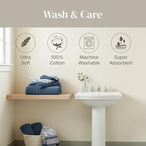 Modern Threads 6 Piece Bath Towel Set – Bathroom Set with 2 Bath Towels, 2 Hand Towels, and 2 Wash Cloths – 100% Cotton, Super Absorbent & Extra Soft – Reversible Floral Trail (Navy) - color: Navy