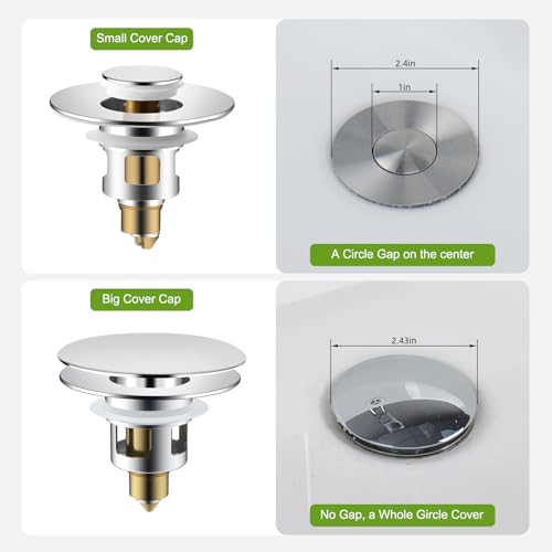 Universal Bathroom Sink Drain Stopper Strainer, Big Cover, Chrome | 2 in 1 Pop Up Sink Stopper for 1.1''~2.36'' Sink Basin Hole, Hair Catcher with Removable Stainless Steel Filter Basket - color: Chrome