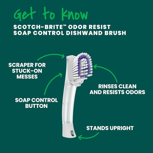 Scotch-Brite Odor Resist Soap Control Dishwand Brush, Non-Scratch Cleaning Brush with Scraper, Stands Upright, 1 Count (Pack of 4) - size: 1 Count (Pack of 4)