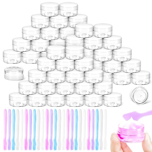 50 Pack 10g Plastic Jars with Lids, 10ml Round Clear Cosmetic Containers Makeup Jars, Travel Size Container Jar with 20 Spatulas for Sample Lotion Cream Eyeshadow Ointment Salve Balm Powder - color: White, size: 10g