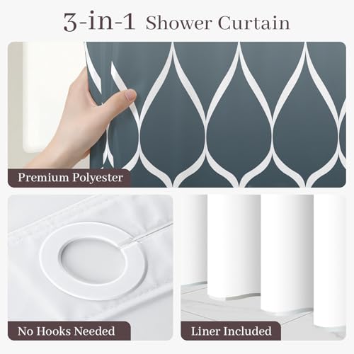Yiatn No Hook Ombre Aegean Blue Shower Curtain with Snap in Fabric Liner Set - Hotel Style with See Through Mesh Top Window, 71x74 INCH - color: Ombre Aegean Blue, size: 71"W x 74"L (Pack of 1)