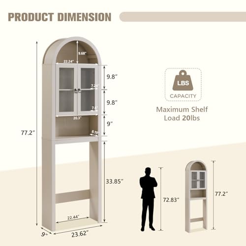 IFGET Arched Over The Toilet Storage Cabinet with Acrylic Doors, Modern Over Toilet Bathroom Organizer Shelf, Small Wooden Bathroom Storage Cabinet with Adjustable Shelf, Space Saver, Cream - color: Cream
