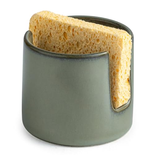 Zoeeker Sponge Holder, Ceramic Dish Sponge Drying Caddy for Kitchen Sink Scrubby Daddy Kitchen Organizer Cute Kitchen Accessories for Counter, Dark Green - color: Dark Green, size: Cylindrical