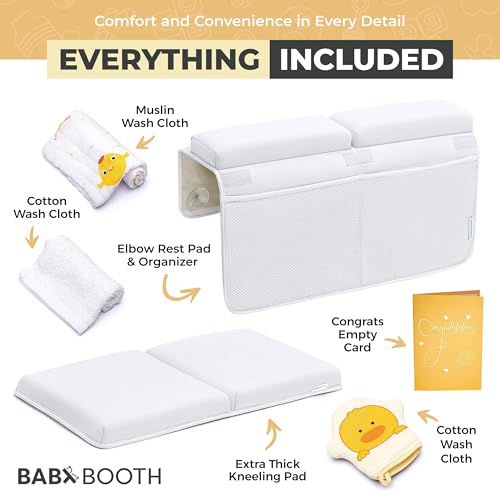 Bath Kneeler and Elbow Rest Pad, Extra Thick Baby Bath Kneeling Pad and Elbow Pad for Bathtub. Bath Tub Elbow Pad with Infant Toy and Baby Accessories Organizer, Off White Color - color: White