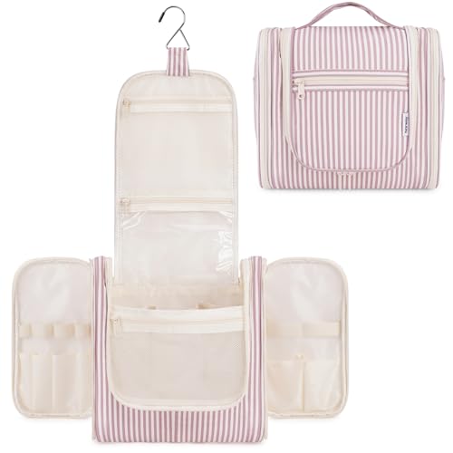 Narwey Striped Hanging Travel Toiletry Bag for Women, Travel Bag for Toiletries, Makeup Bag Organizer Cosmetic Bags Make Up Bags for Women (Dusty Rose Stripe) - color: CA-Dusty Rose Stripe, size: Large