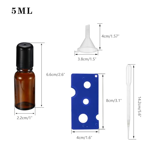 5ML Roller Bottles for Essential Oil, 4 Pack Empty Amber Glass Roller Bottle for Perfume Oil, Roll on Bottles with Stainless Steel Roller Balls, Opener, Funnel and Dropper - size: 5ml_4pcs