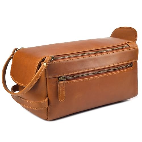 Full Grain Leather Toiletry Kit for Men & Women – Travel Toiletries & Shaving Bag Organizer, Water-Resistant Grooming Case for Bathroom, Makeup & Cosmetic Storage - Cognac Brown - color: Cognac Brown