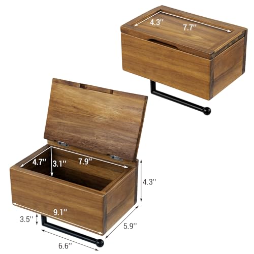 MyGift Mid-Century Modern Solid Acacia Wood Wall Mounted Toilet Paper Holder with Wet Wipes Dispenser and Storage Shelf Tray, Bathroom Organizer
