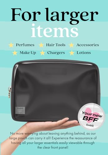 Embla Clear Cosmetic Bag Makeup Case, Clear Zipper Make Up Pouch and Toiletry Travel Tote, Cute Skincare Pouches for Women Girls, Preppy Purse Cosmetic Organizer, Large Makeup Bags, Black | Large Black Clear Nylon/PVC Cosmetic Bag with Zipper, Waterproof