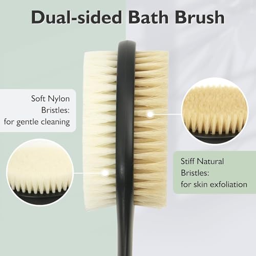 Back Scrubber for Shower, Anti-Slip Long Handle Shower Brush with Soft & Stiff Bristles, Body Exfoliator for Shower, Bath, or Dry Use (Black) - size: 17 in - Black