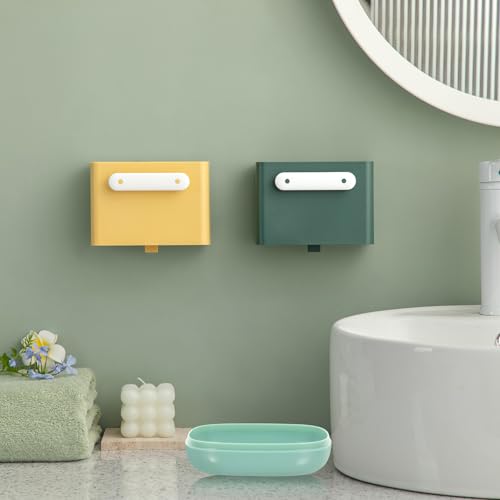 NUOBESTY Portable Waterproof Soap Dish with Lid 2pcs Set (Green Square Green Rectangle) Household Soap Case for Travel and Bathroom with Drainage for Home Use