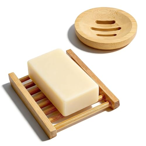 Bar Soap Holder for Shower 2Pcs, Round and Square Bamboo Soap Dish Saver Tray, Self Draining Countertop Soap Tray, Water Resistant Natural Wood Soap Saver Container for Bathroom Kitchen
