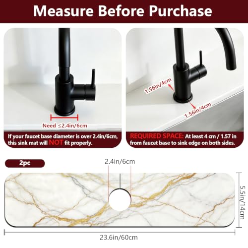 2 Pcs Kitchen Sink Splash Guard Faucet Mat White Marble Faucet Mat for Sinks Marble Texture Absorbing Drying Mats for Kitchen Bathroom, 23.6x5.5inch - color: White Marble