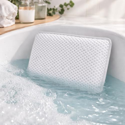 Bath Pillow for Tub with 8 Suction Cups and Drying Hook, Non-Slip Bathtub Headrest Foam Cushion, Waterproof, 11.5 x 7.5 x 2 Inches - size: 12.5" x 12"