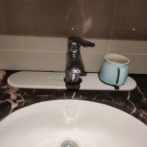 dophee Faucet Mat for Kitchen Sink, Diatomite Fast Drying Stone Sink Tray Faucet Splash Guard Absorbent Mat for Bathroom Counter, 23.3"x3.9", White - color: White