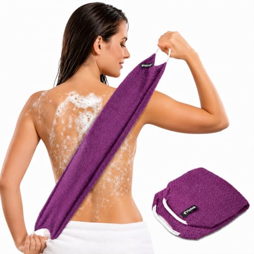Yiclick Exfoliating Washcloth Towel with Handle, Back Scrubber for Shower, Exfoliating Body Scrubber Exfoliator, Japanese Wash Cloth for Body Scrub, Bath Sponge Loofah Luffa Washer Exfoliator - color: Rose