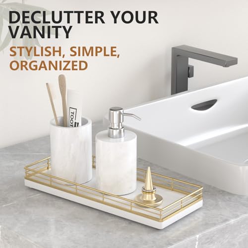 Bathroom Tray for Counter Top Organizer, Oak Wood Vanity Tray | Metal Frame for Dresser, Kitchen & Nightstand, Gold & White Decorative Storage - color: Gold & White, size: 11" x 4.5" x 1.5"