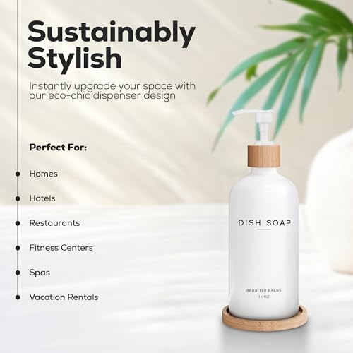 White Glass Dish Soap Dispenser for Kitchen Sink by Brighter Barns - Kitchen Soap Dispenser Set with Tray - Bamboo Pump Bottle - Neutral Minimalist Home Decor in RV, Office, Home, Airbnb, Gift (White) - color: White D