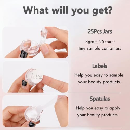 3 Gram Sample Jars with Lids, 25 Count Mini Cosmetic Containers - Makeup Travel Containers with Labels, Tiny Disposable Spatulas - color: Clear