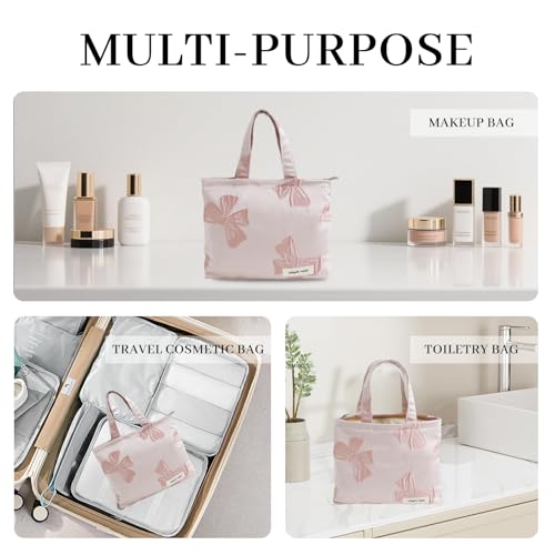 Wudygirl Makeup Bag Travel Cosmetic Bag for Women Small Makeup Pouch with Handle Zipper Cosmetic Pouch Handbag Aesthetic 8.3" x 6.7"(Pink Bow) - color: Pink Bow