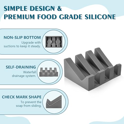 Soap Dish Holder for Shower with Suction Cup, Silicone Soap Holder & Saver Self-Draining Bar Soap Dish Keeps Soap Dry for Bathroom, Kitchen, Bathtub, Extends Soap Life (Grey-1Pack) - color: Grey - 1 Pack