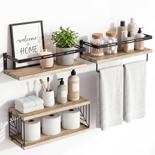 Fixwal Bathroom Shelves Over Toilet, Floating Shelves Wall Mounted with Metal Frame and Towel Bar for Bathroom, Kitchen, Bedroom, Living Room (3 Plus 1 Rustic Brown) - color: 1-rustic Brown