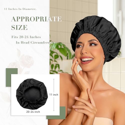 Reusable Shower Cap for Women, Large Waterproof Shower Bonnet Washable Elastic Band Bath Accessories Hair Hat for Long Hair, Braids(Black&Gray) | Washable Design, Wide Elastic Band, Large Fit, Holds Long Hair, Braids Friendly, Bath Accessories, Spa, Trave