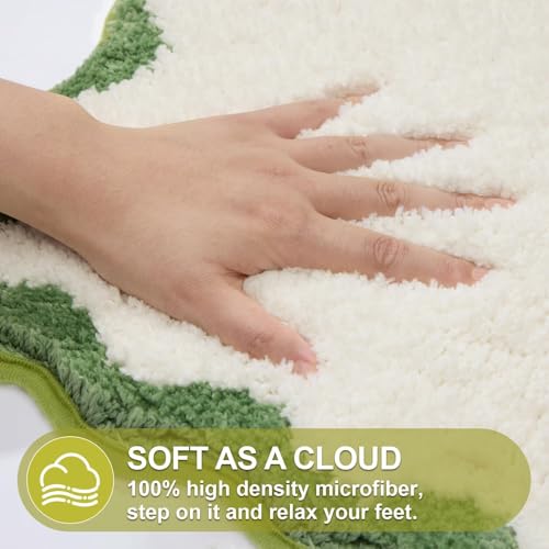 ORTIGIA Small Cute Scalloped Bath Mat, White and Green Plush Microfiber Scallop Bathroom Rugs Non Slip Washable Quick Dry Absorbent, Bathmat for Shower Stall Vanities Kitchen Floor Entrance, 17x24 - color: Green and White, size: 1'5" X 2'(rectangular)