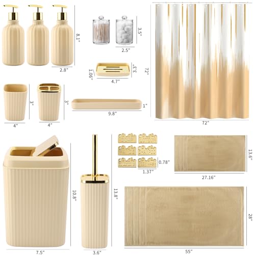 32PCS Bathroom Accessory Set Bathroom Accessories Set Beige Bathroom Set, Shower Curtain Set, 2 Piece Bath Towel Set, 3PC Soap Dispenser, Toilet Brush & Trash Can - size: Bath Set + Oil Painting Shower Curtain + Towel Set, style: Beige