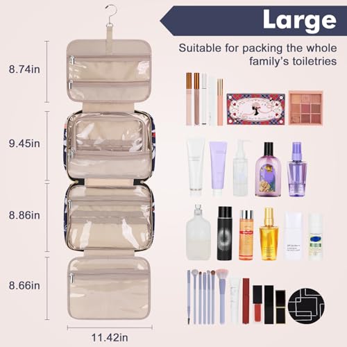 Wedama Toiletry Bag for Women, Large Cosmetic Travel Bag, Hanging Toiletry Bag for Bathroom, PVC Waterproof Makeup Bag, Toiletries Bag for Travel Business Trips and Camping, Blue+White Floral - color: Blue+White, size: Large, style: Minimalist