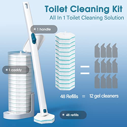Disposable Toilet Brush with 48 PCS Refills, Disposables Toilets Cleaning System with Handle, Storage Caddy and 48Toilet Bowl Refill Heads for Bathroom Cleaning - style: Toilet Cleaning System