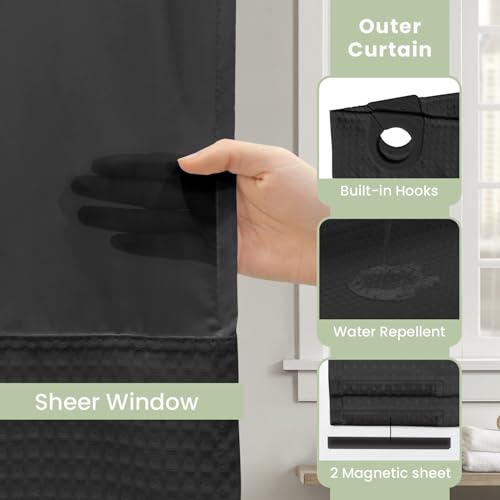 Inhousolu No Hook Shower Curtain with Snap-in Fabric Liner, Waffle Weave 230 GSM Polyester, Weighted Hem, Water Repellent Washable, Mesh Top Window 36" W x 72" L Black - color: Black, size: 36"W x 72"L (Pack of 1)