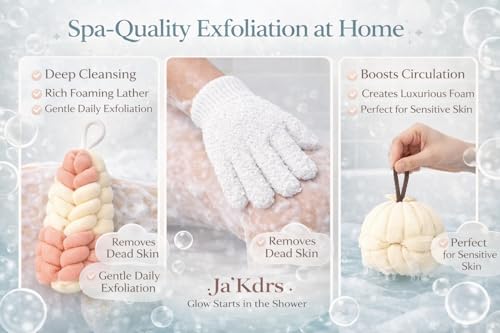 Ja'Kdrs Loofah and Exfoliating Glove Set, 2 Piece Bath Sponge Set (Pink & Ivory) - color: Pink & Ivory