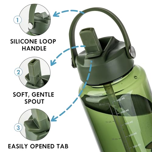 OLDLEY 32oz Water Bottle with Straw,Leakproof Tritan Clear Bottle with Marked Bottle and Carry Handle, BPA-Free Wide Mouth Reusable Sports Bottle for Gym,Hiking,Camping,Travel,Workout,Army Green - color: Army Green