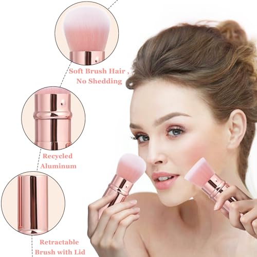 Retractable Makeup Brush 2 Pack, Travel Kabuki Face Makeup Brush | Powder Makeup Brushes for Blush, Liquid, Cream, Cosmetics, Loose Powder, Bronzer, with Aluminum Handle, Cover - color: Rose Gold