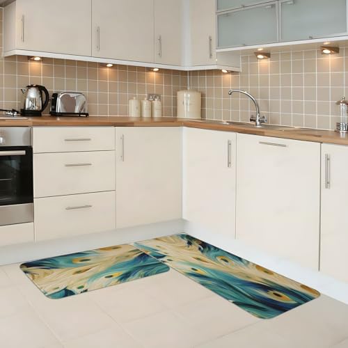 Peacock Blue Feather Art Kitchen Rugs Mats Set of 2 Pcs Non-Slip Floor Mats Washable Runner Rugs Set for Bathroom Laundry Hallway Kichen Comfort Standing Mat - color: Peacock Blue Feather Art