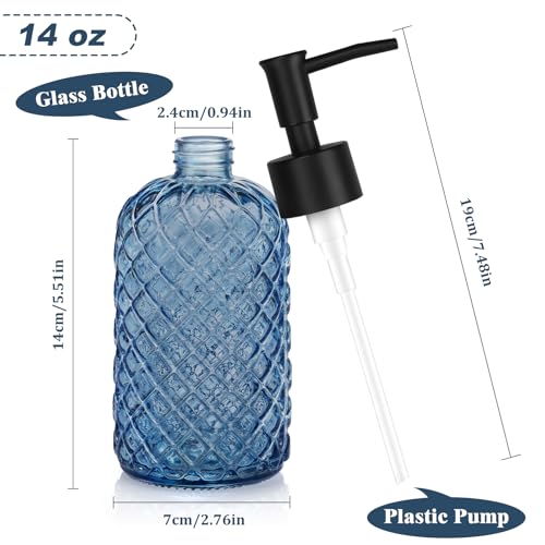 1 Pack 14oz Glass Soap Dispenser with Plastic Pump, Diamond Design Refillable Hand Soap Dispenser for Hand Wash, Bathroom and Kitchen - color: Blue