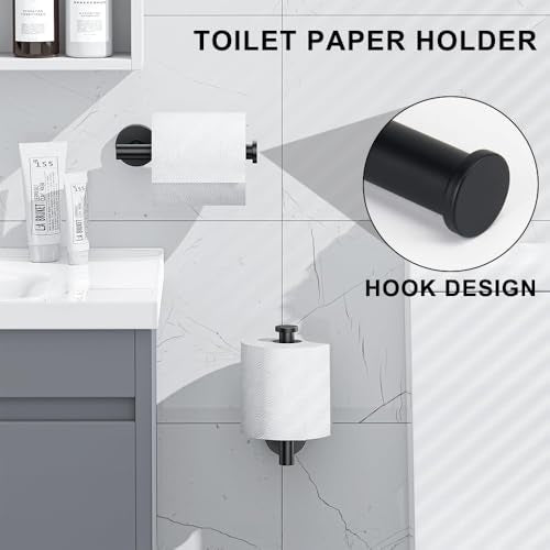 MGahyi 5-Piece Bathroom Accessories Set, Rustproof Stainless Steel Wall Mounted, Extendable Towel Bar 12.8-24.8 Inch, Toilet Paper Holder, Towel Ring & Robe Hooks, Heavy Duty Bath Storage (Black)