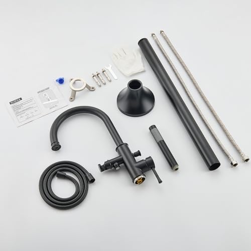 Wowkk Free Standing Tub Faucet Black Freestanding Bathtub Faucet Floor Mount Brass Bathroom Tub Filler with Hand Shower - color: Black, style: Modern